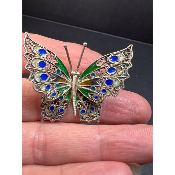 Vintage Alieti Adriana 800 silver Italian enameled filigree butterfly brooch pin - Picture 11 of 15